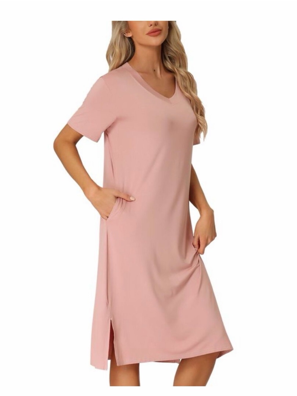 Light Pink V-Neck Nightdress with Side Pockets